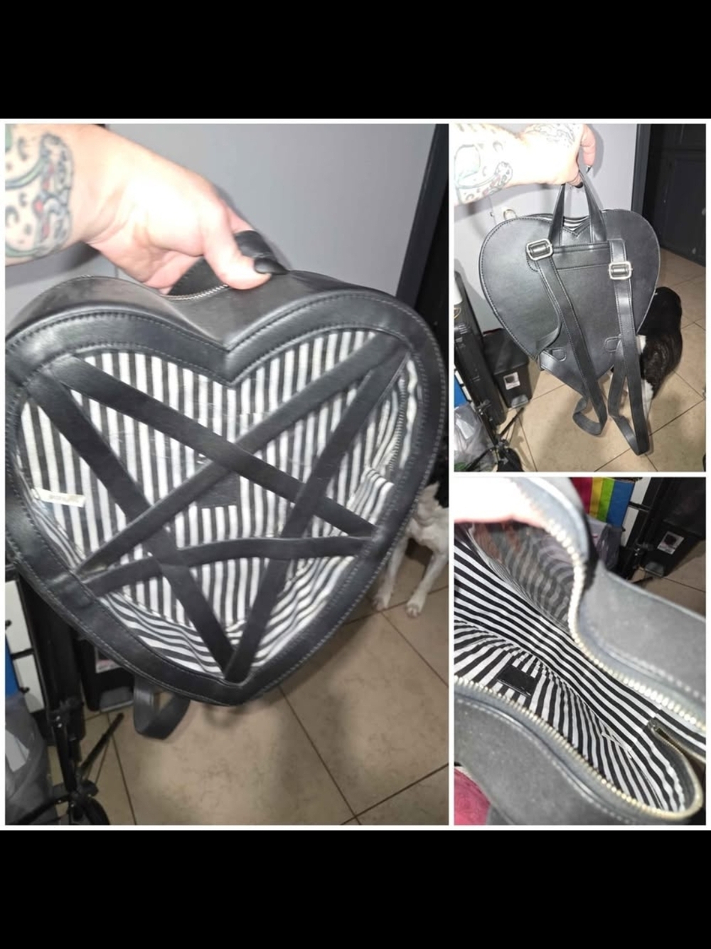 Black Heart-Shaped Backpack with Striped Interior